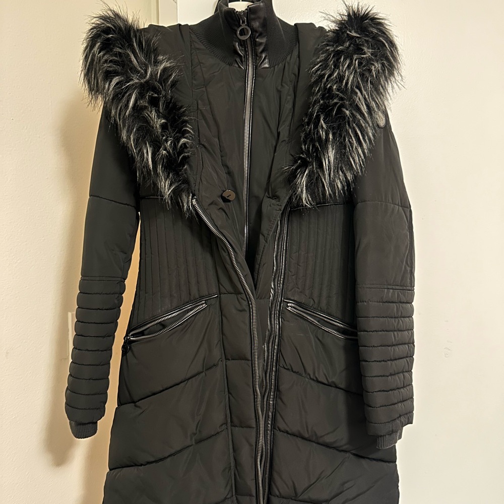 Noize Black Puffer Coat with Faux Fur Trim